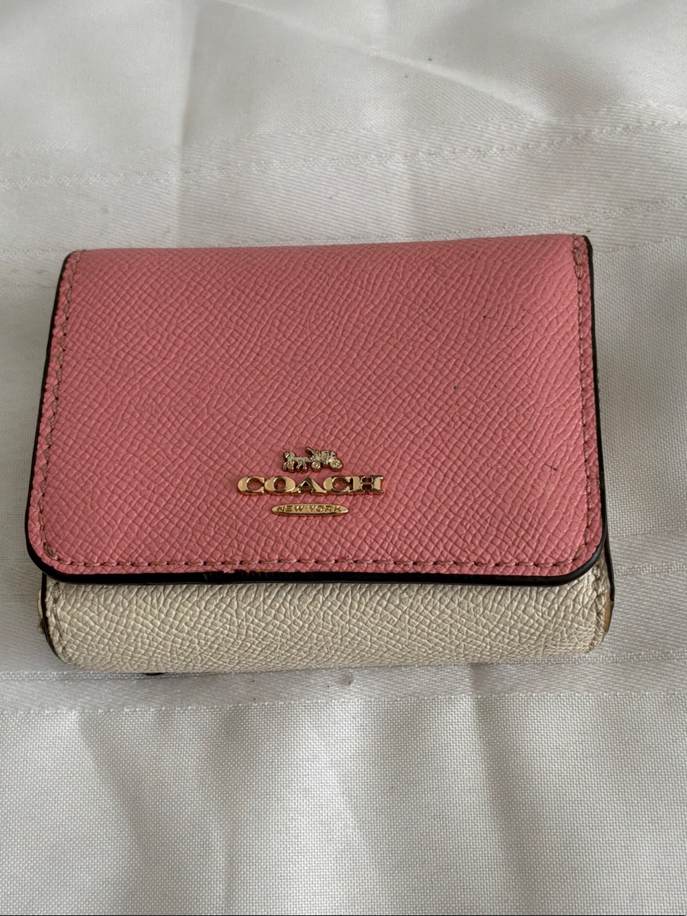 COACH Pink and Cream Leather Small Fold Wallet with Gold Logo